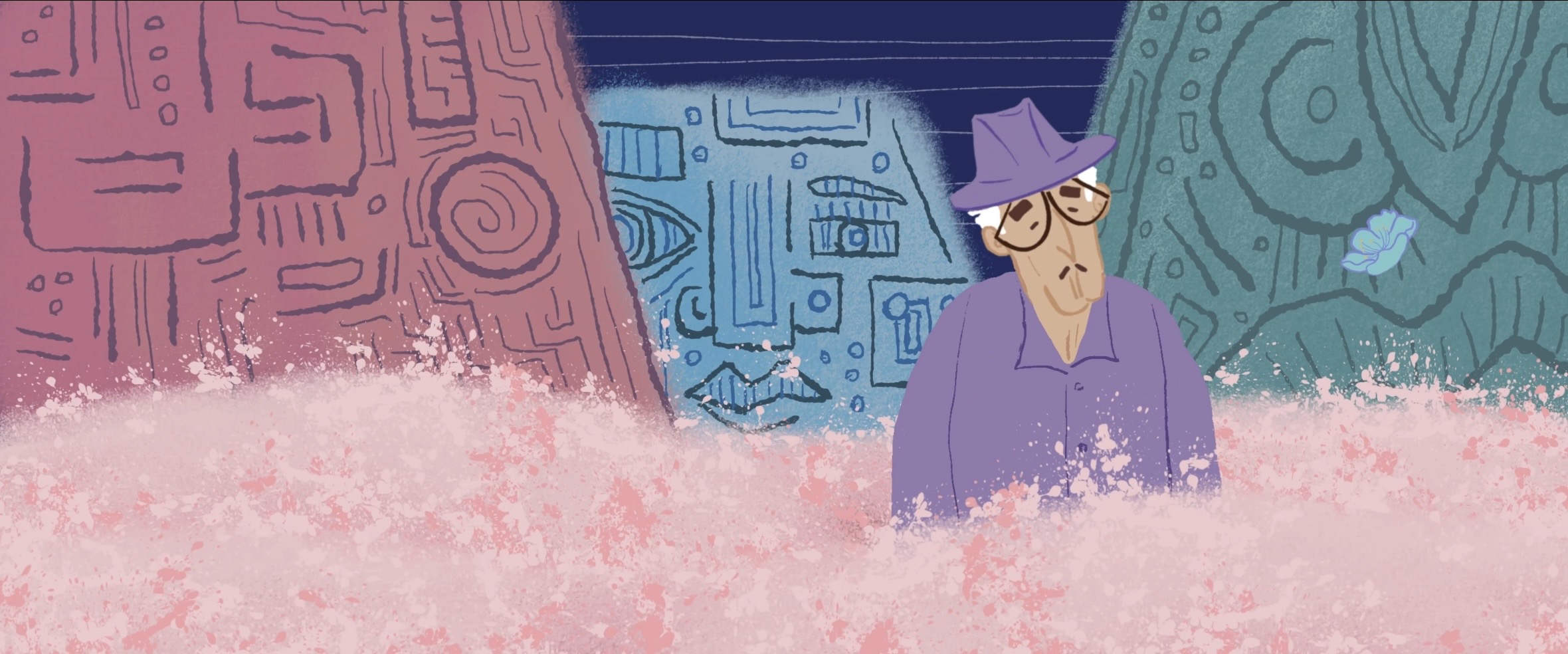 ORDER: an elderly man in a purple hat surrounded by pink mist